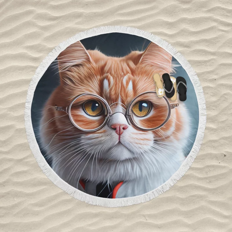 Cat with Glasses and Tie Round Beach Towel