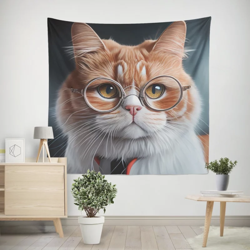 Cat with Glasses and Tie Wall Tapestry