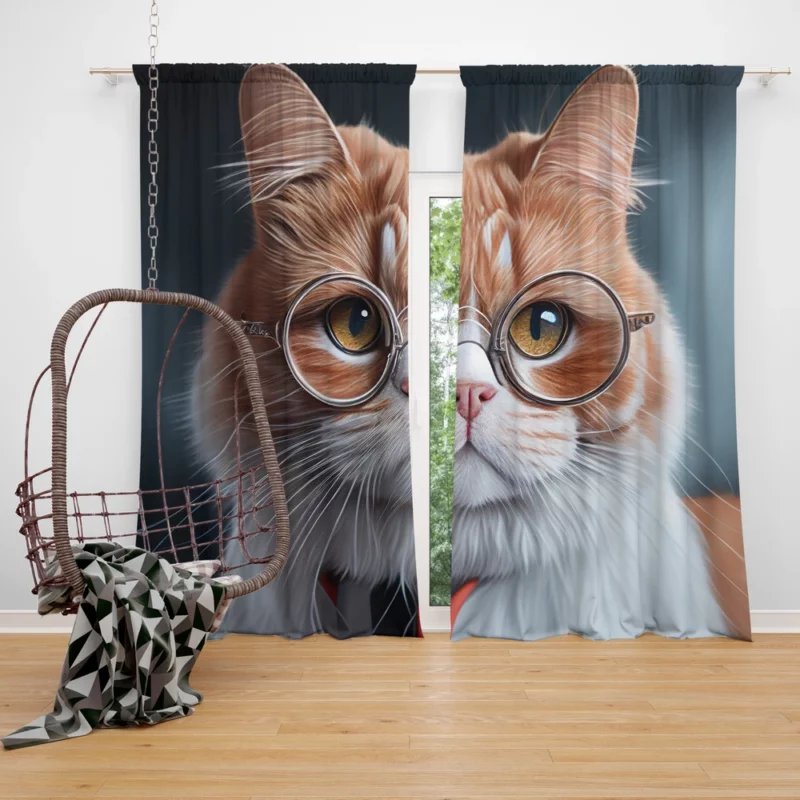 Cat with Glasses and Tie Window Curtain