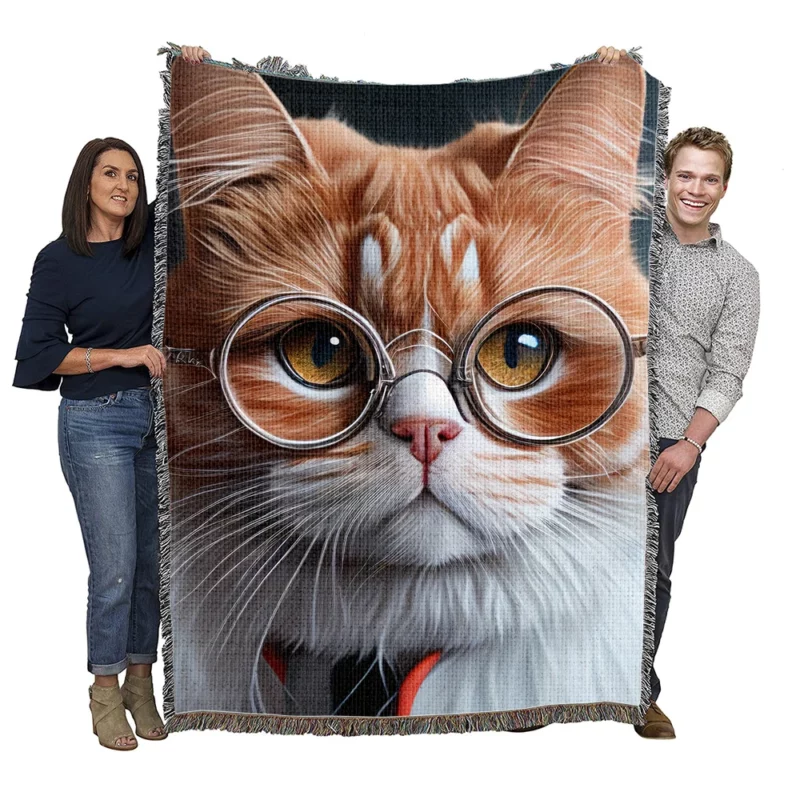 Cat with Glasses and Tie Woven Blanket