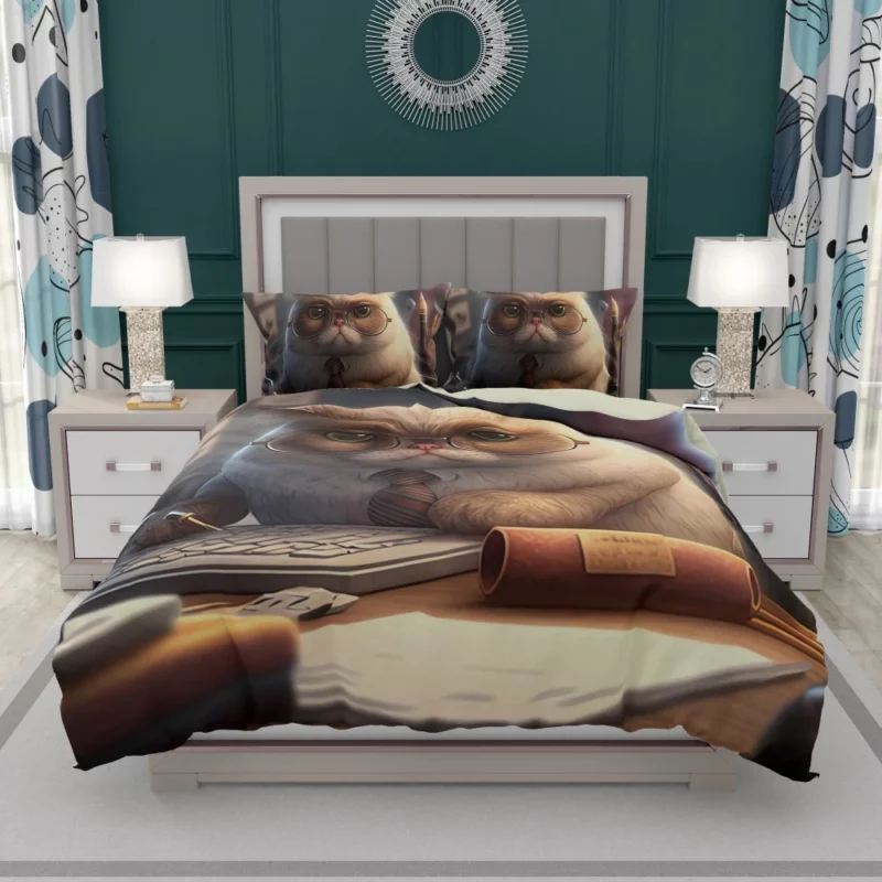 Cat with Glasses and Tie on Desk Bedding Set 1