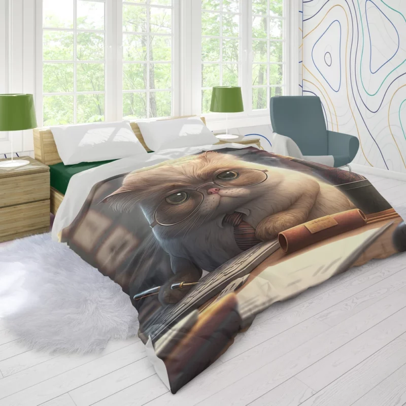 Cat with Glasses and Tie on Desk Duvet Cover