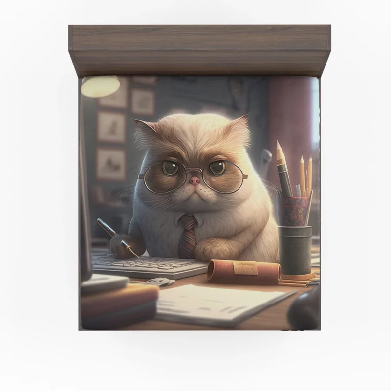 Cat with Glasses and Tie on Desk Fitted Sheet