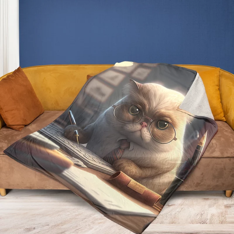 Cat with Glasses and Tie on Desk Fleece Blanket 1