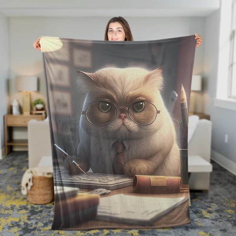 Cat with Glasses and Tie on Desk Fleece Blanket 2