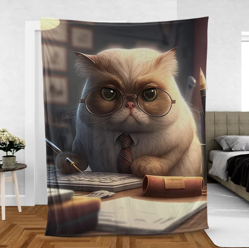 Cat with Glasses and Tie on Desk Fleece Blanket