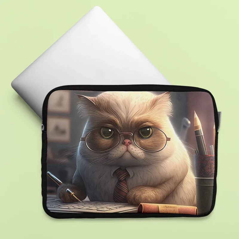 Cat with Glasses and Tie on Desk Laptop Sleeve