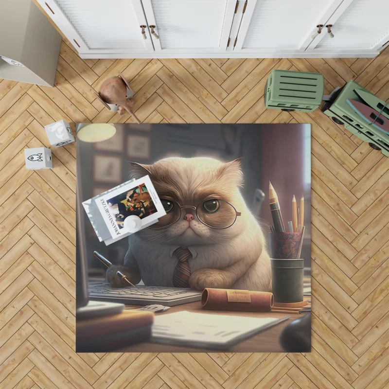 Cat with Glasses and Tie on Desk Rug