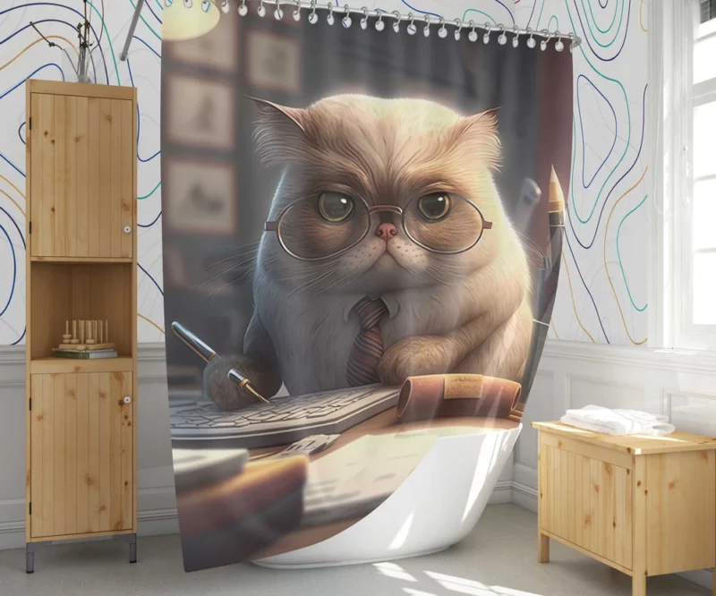 Cat with Glasses and Tie on Desk Shower Curtain 1