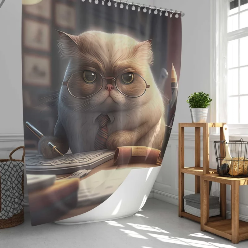 Cat with Glasses and Tie on Desk Shower Curtain