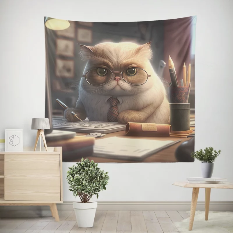 Cat with Glasses and Tie on Desk Wall Tapestry