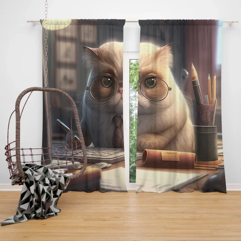 Cat with Glasses and Tie on Desk Window Curtain