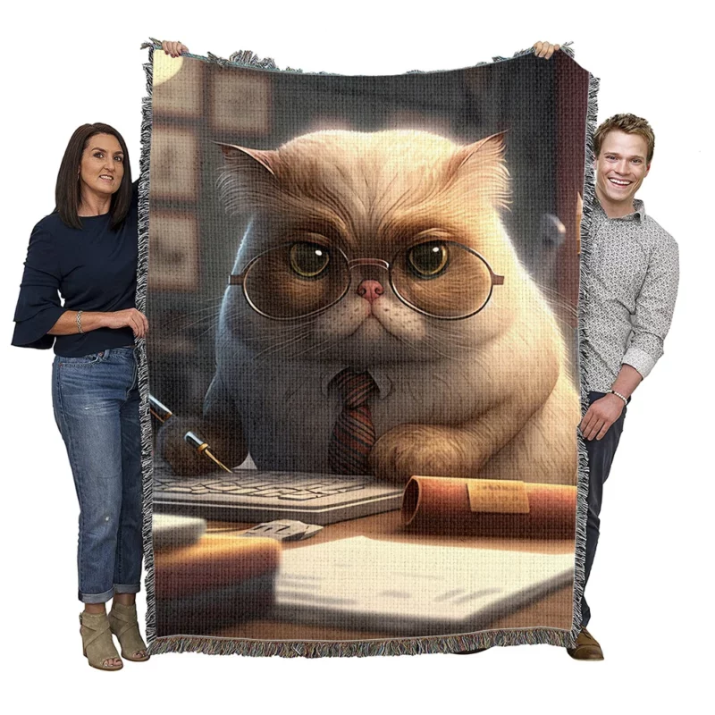 Cat with Glasses and Tie on Desk Woven Blanket