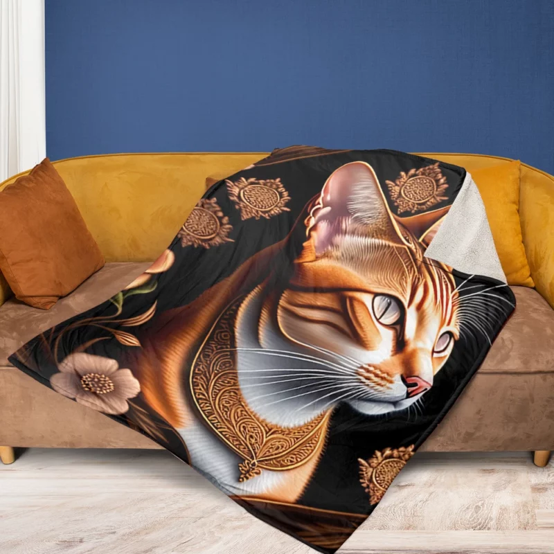 Cat with Golden Accents Fleece Blanket 1