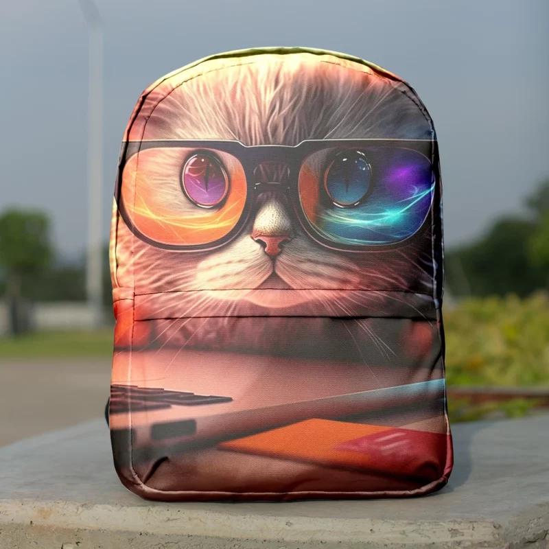 Closeup Cat with Glasses and Laptop Backpack