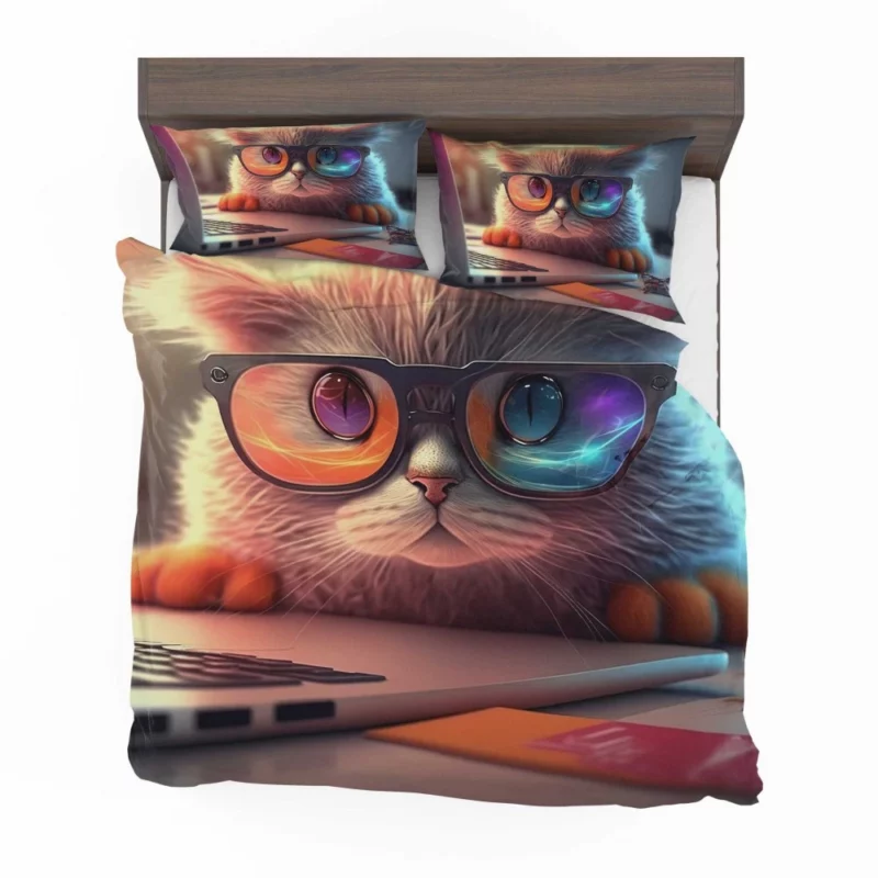 Closeup Cat with Glasses and Laptop Bedding Set 2