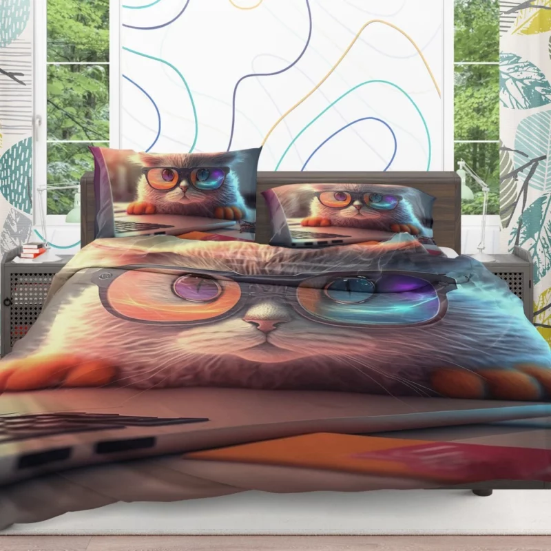 Closeup Cat with Glasses and Laptop Bedding Set