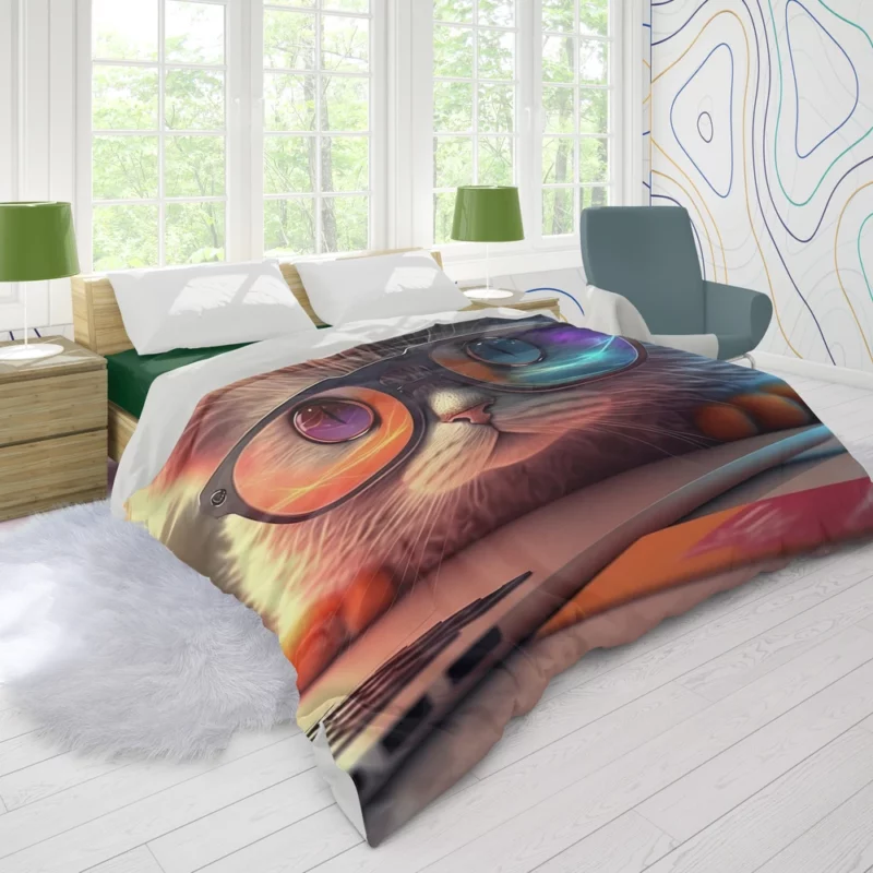 Closeup Cat with Glasses and Laptop Duvet Cover