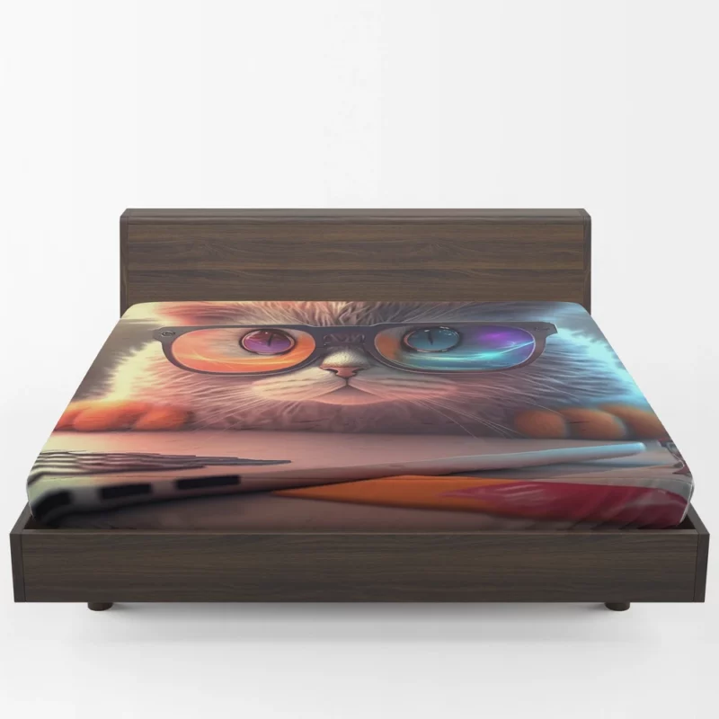 Closeup Cat with Glasses and Laptop Fitted Sheet 1