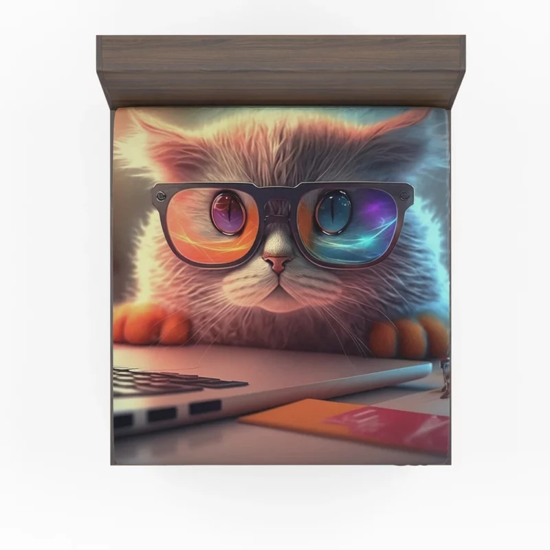 Closeup Cat with Glasses and Laptop Fitted Sheet