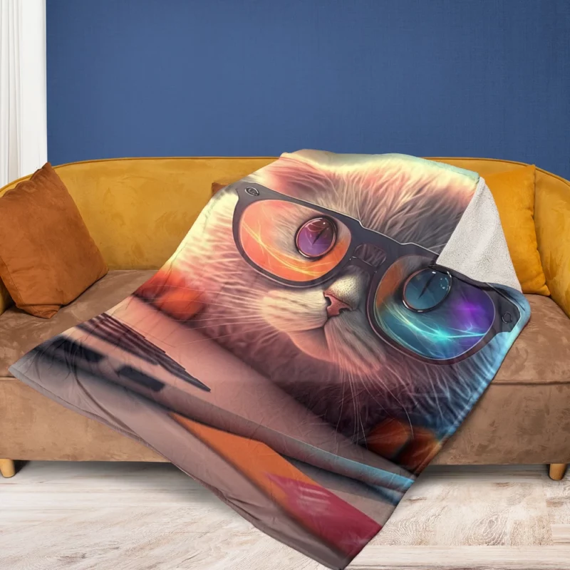 Closeup Cat with Glasses and Laptop Fleece Blanket 1