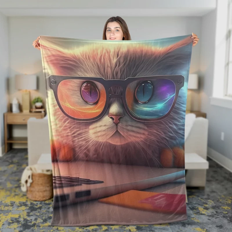 Closeup Cat with Glasses and Laptop Fleece Blanket 2