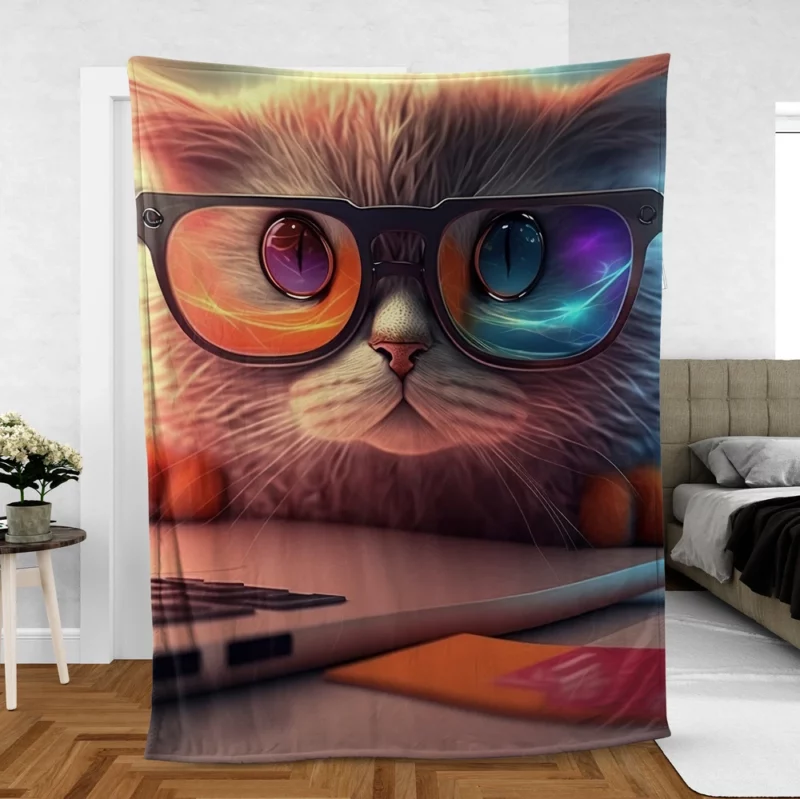 Closeup Cat with Glasses and Laptop Fleece Blanket