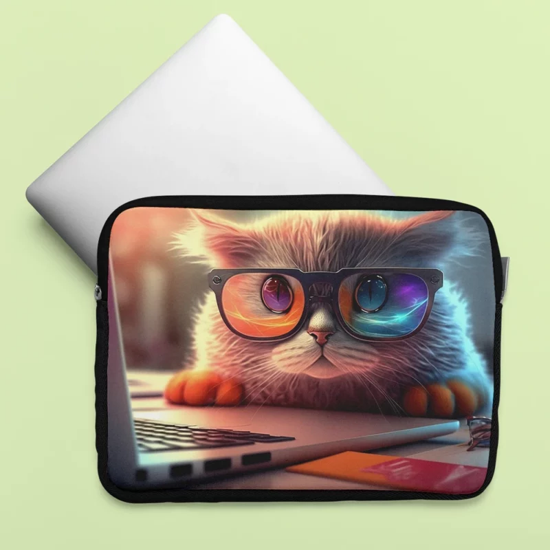 Closeup Cat with Glasses and Laptop Laptop Sleeve