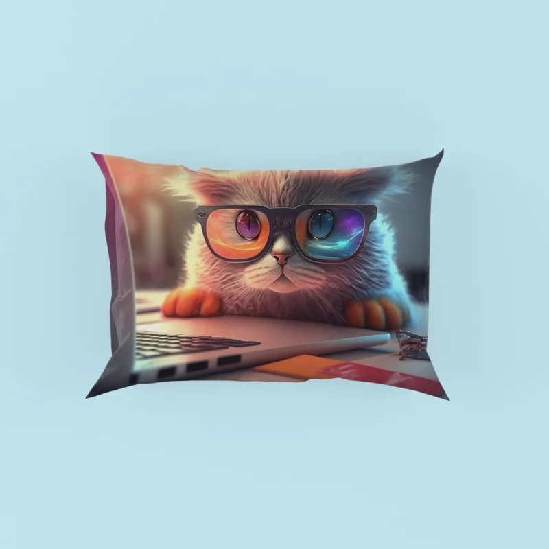 Closeup Cat with Glasses and Laptop Pillow Cases