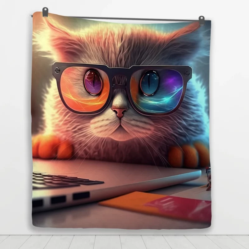 Closeup Cat with Glasses and Laptop Quilt Blanket 1