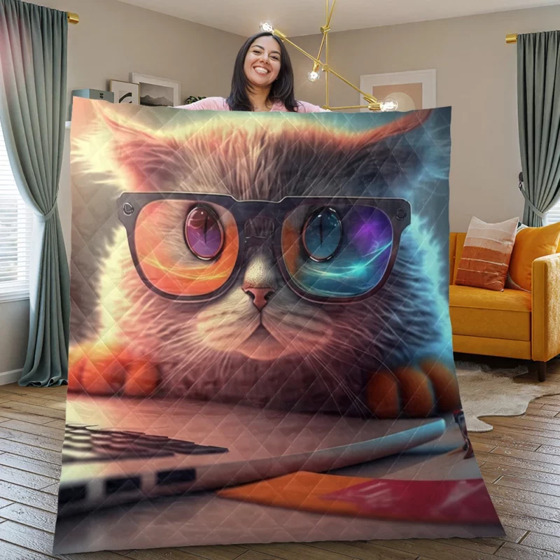 Closeup Cat with Glasses and Laptop Quilt Blanket