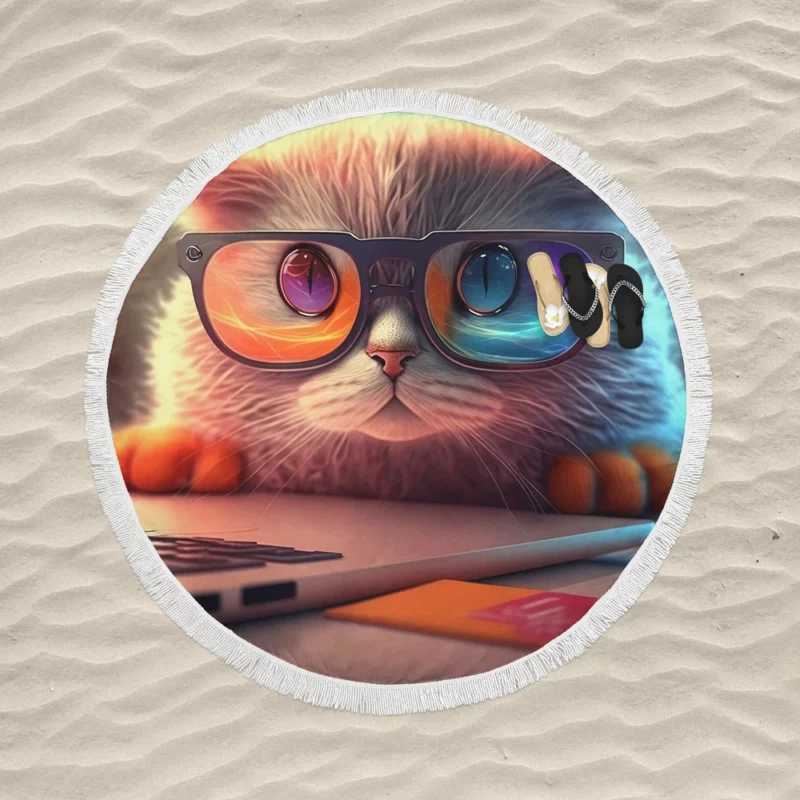 Closeup Cat with Glasses and Laptop Round Beach Towel