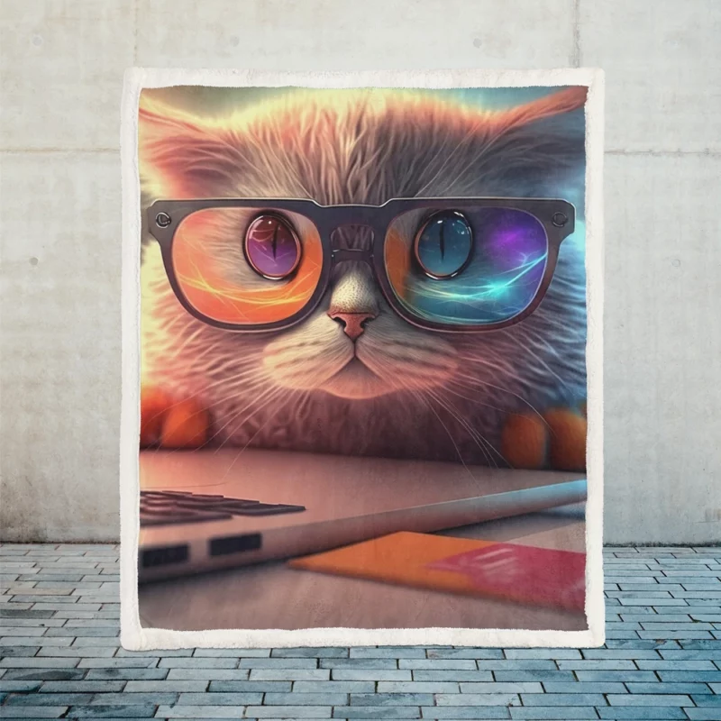 Closeup Cat with Glasses and Laptop Sherpa Fleece Blanket