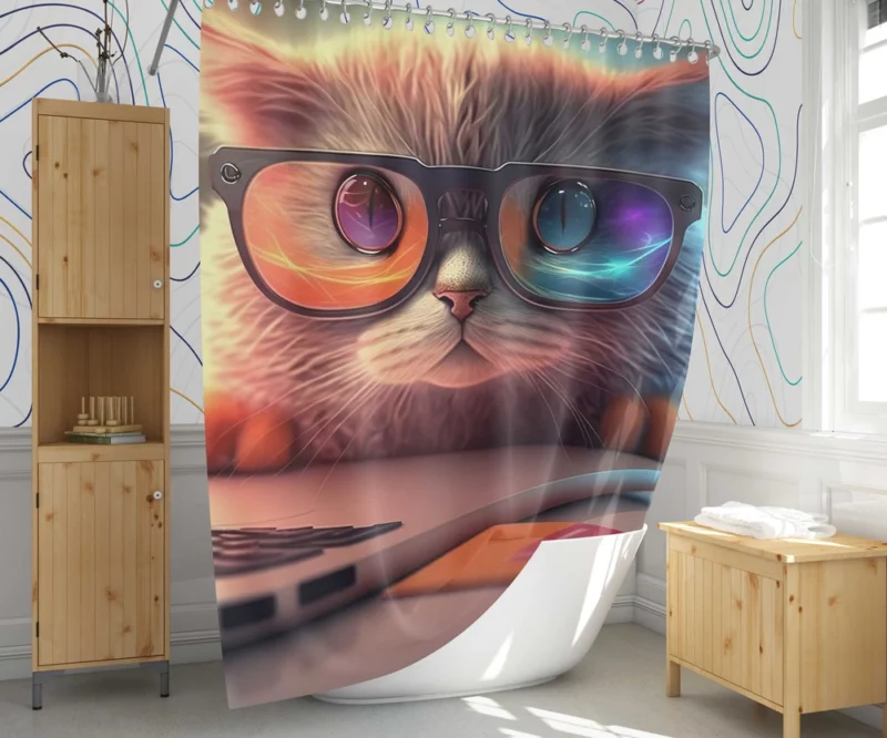 Closeup Cat with Glasses and Laptop Shower Curtain 1