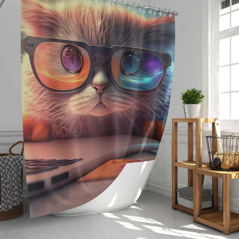 Closeup Cat with Glasses and Laptop Shower Curtain