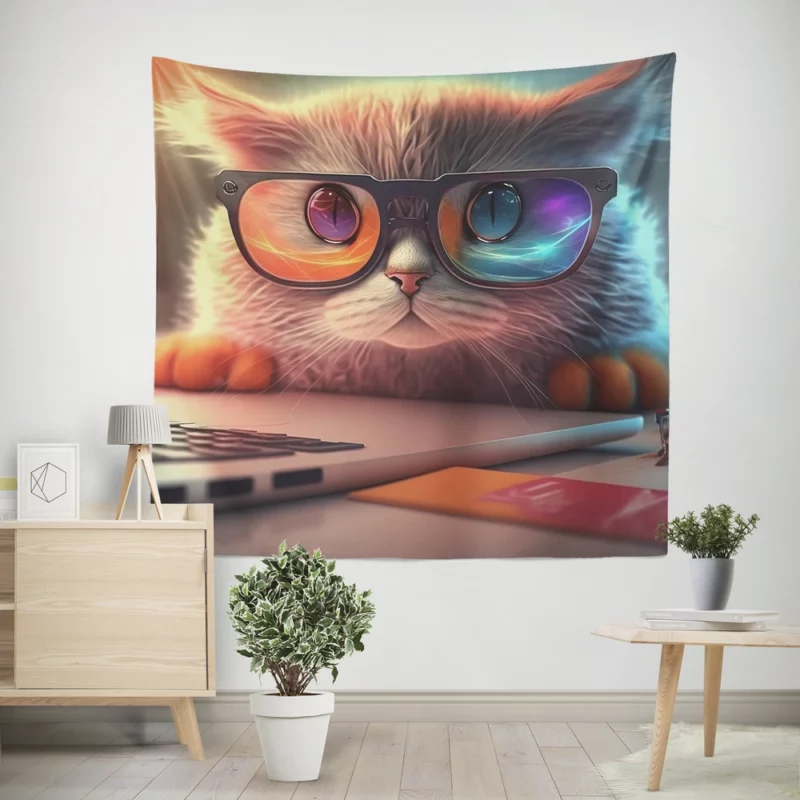 Closeup Cat with Glasses and Laptop Wall Tapestry