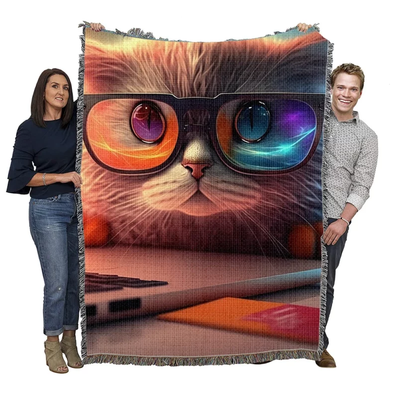 Closeup Cat with Glasses and Laptop Woven Blanket