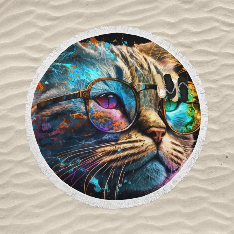 Colorful Abstract Stylish Cat Round Beach Towel