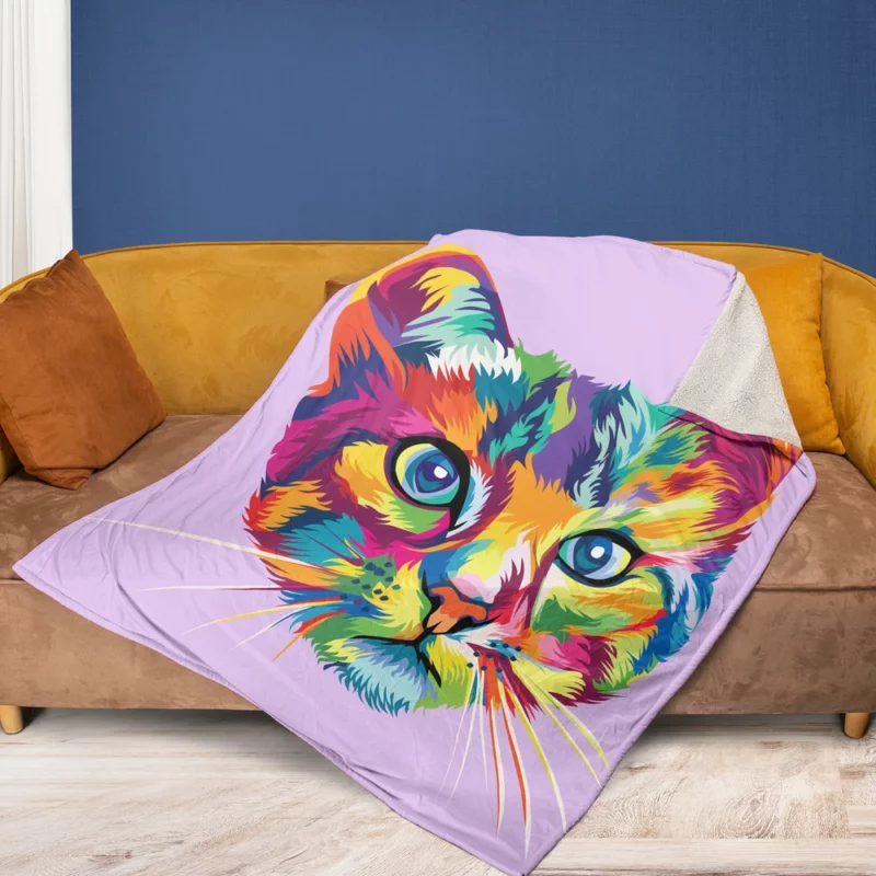 Colorful Cat Head Illustration Fleece Blanket 1