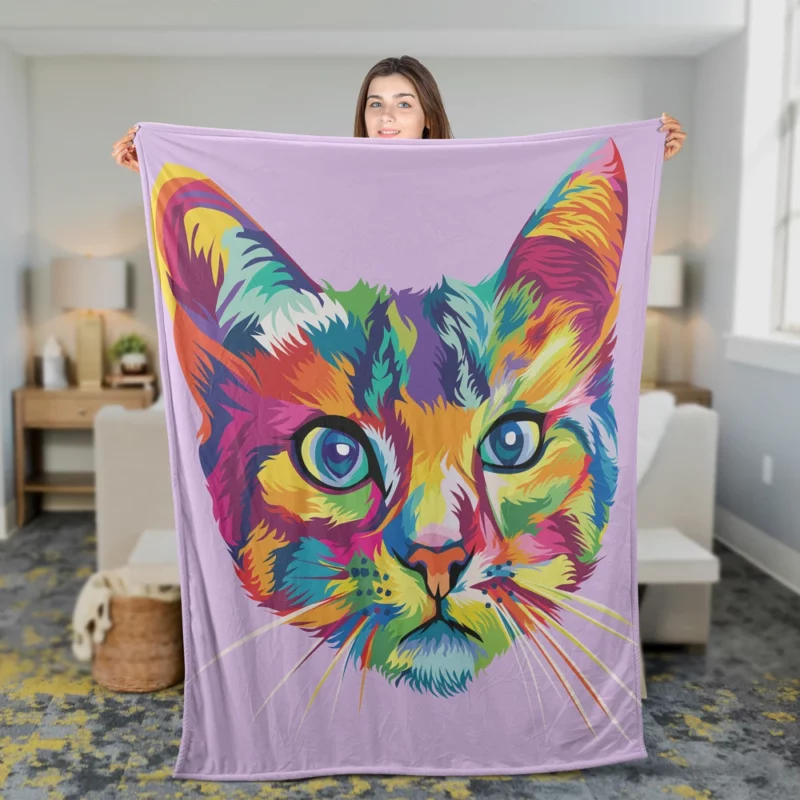 Colorful Cat Head Illustration Fleece Blanket 2