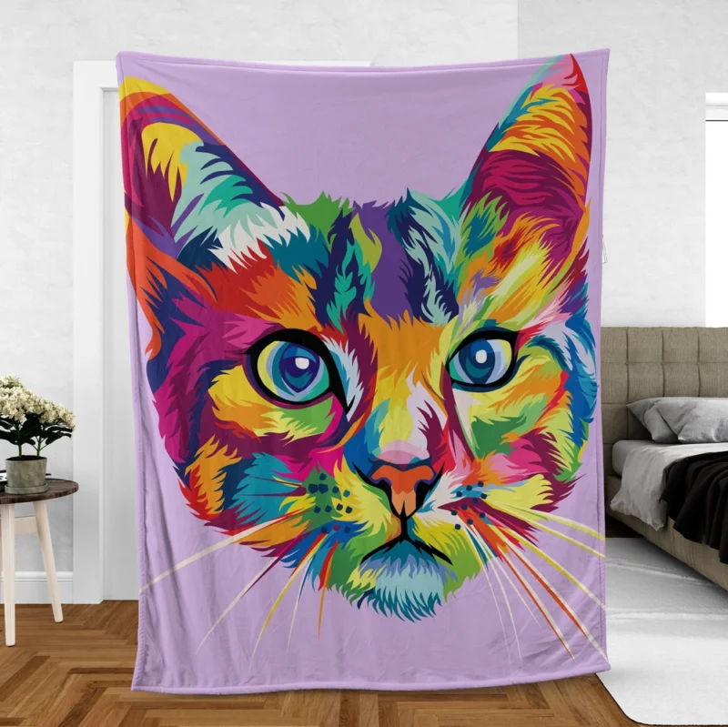 Colorful Cat Head Illustration Fleece Blanket