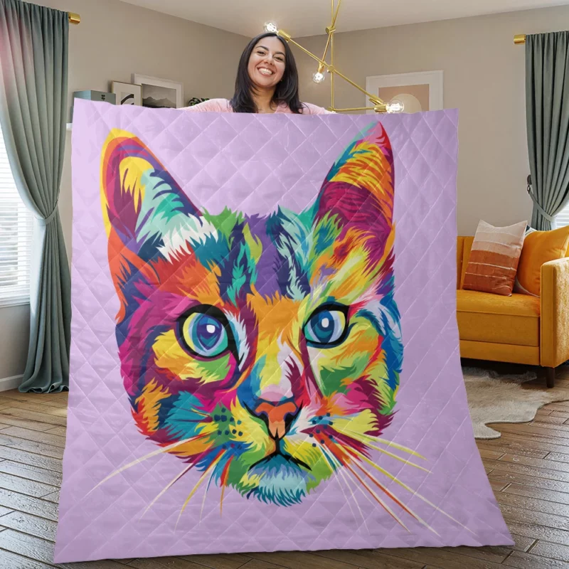 Colorful Cat Head Illustration Quilt Blanket