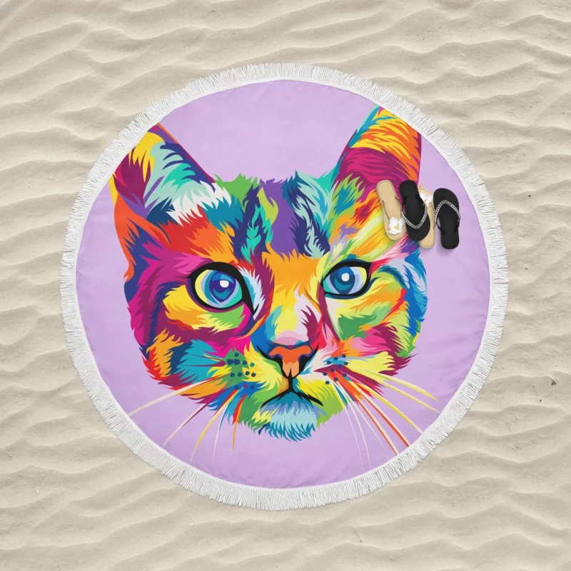 Colorful Cat Head Illustration Round Beach Towel