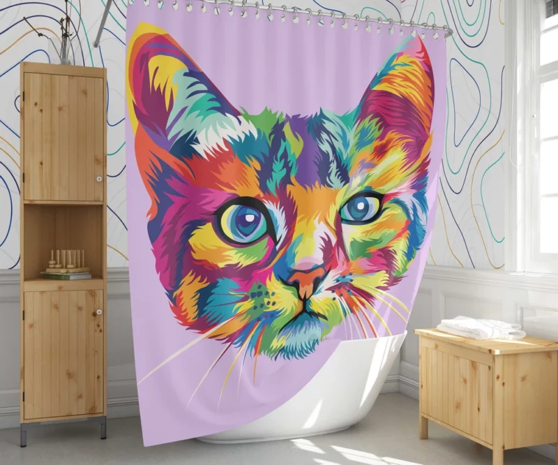 Colorful Cat Head Illustration Shower Curtain 1