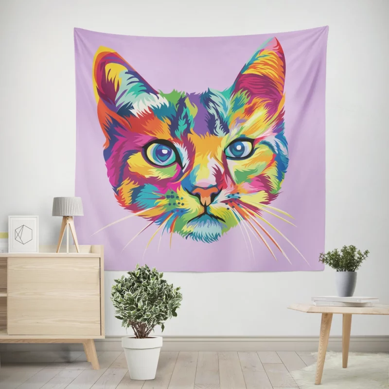 Colorful Cat Head Illustration Wall Tapestry