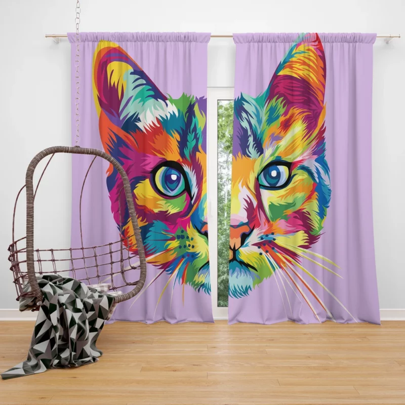 Colorful Cat Head Illustration Window Curtain