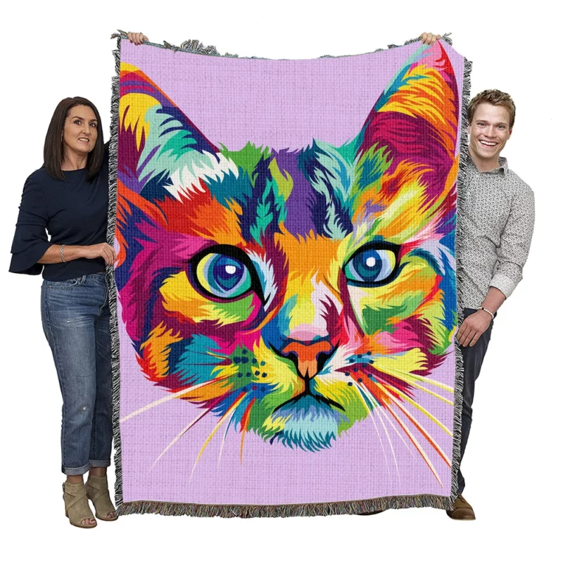 Colorful Cat Head Illustration Woven Blanket