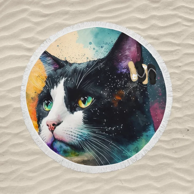 Colorful Cat on Background Round Beach Towel