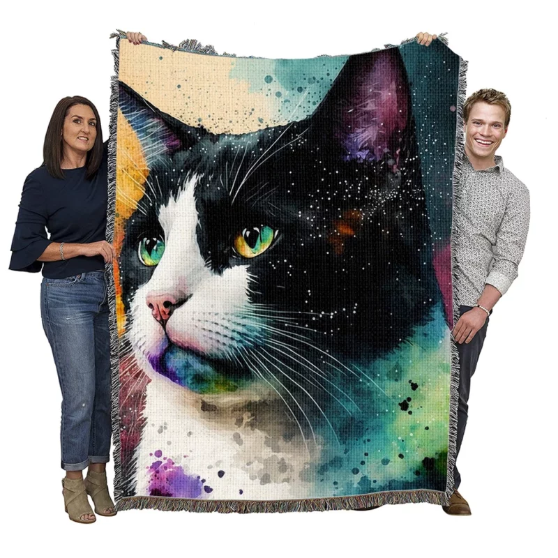 Colorful Cat on Background Woven Blanket