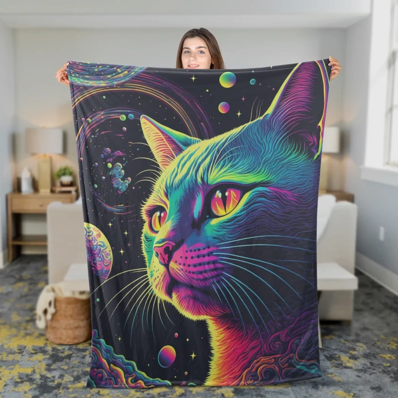 Colorful Cat with Cat It Title Fleece Blanket 2